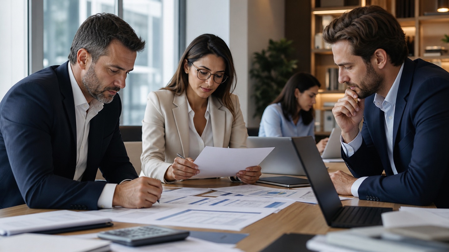 Equipa de contabilidade a rever documentos financeiros num escritório moderno