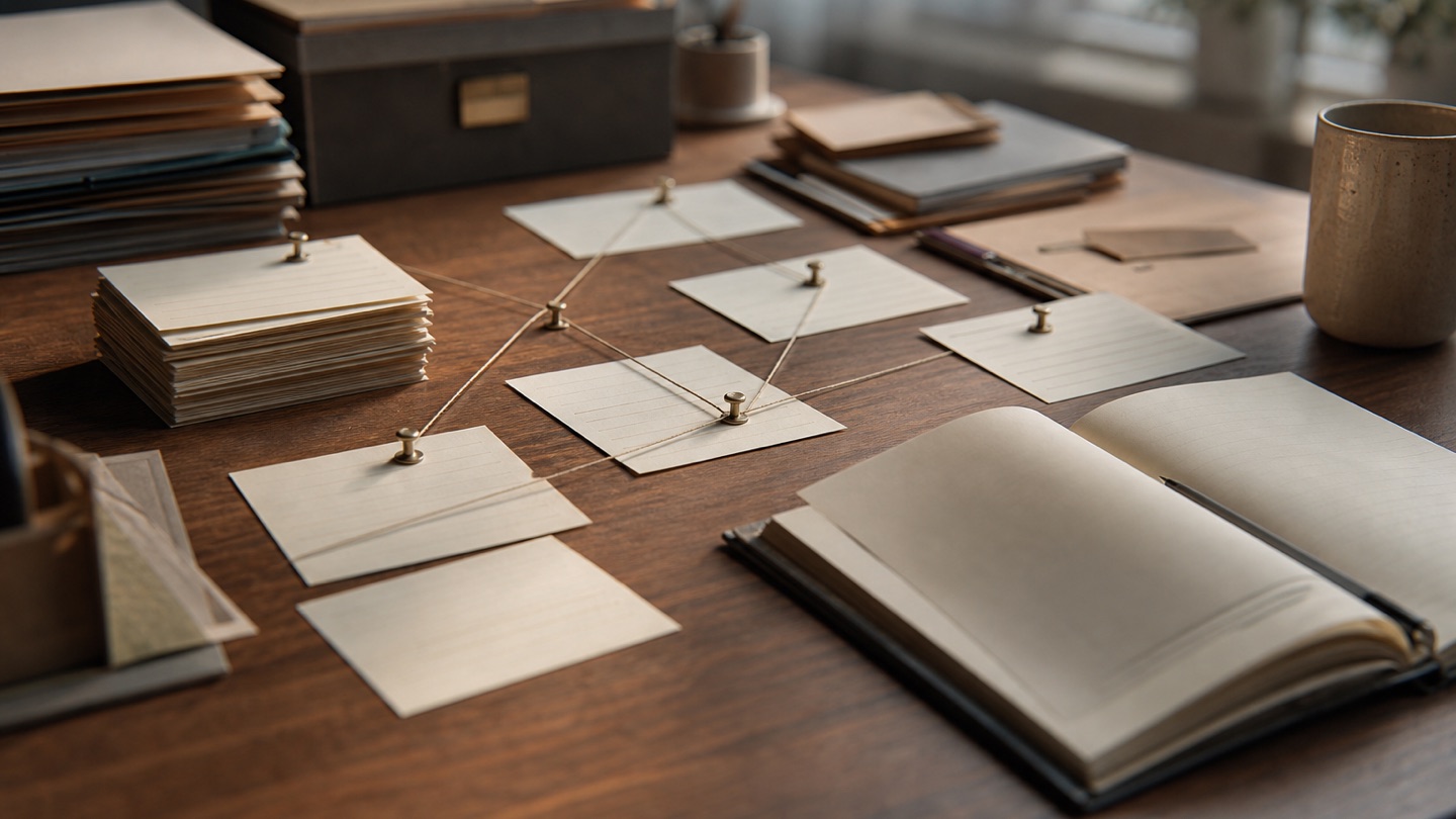 Cartões de índice e documentos conectados como um mapa de memória da empresa