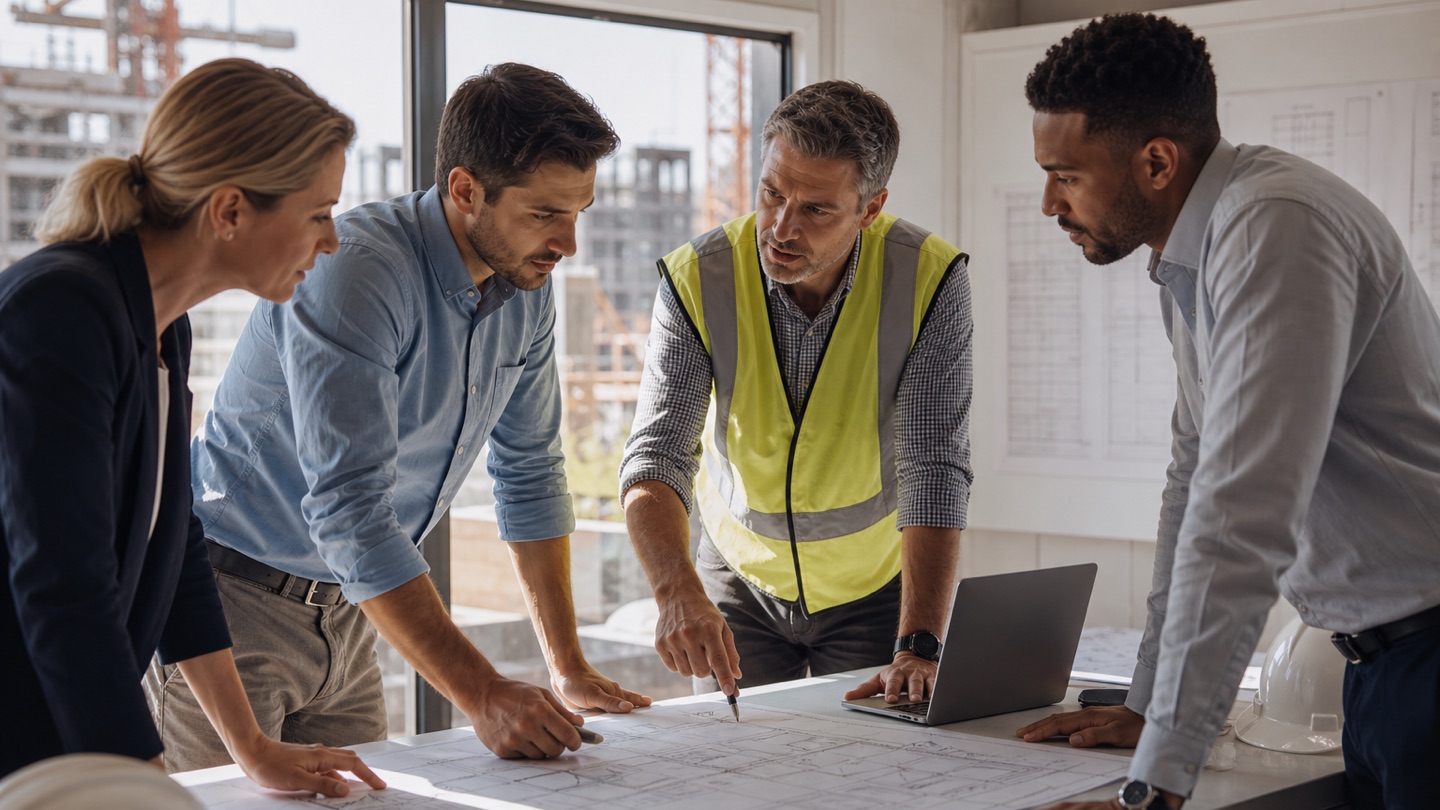 Equipa de projeto de construção a coordenar planos num escritório local